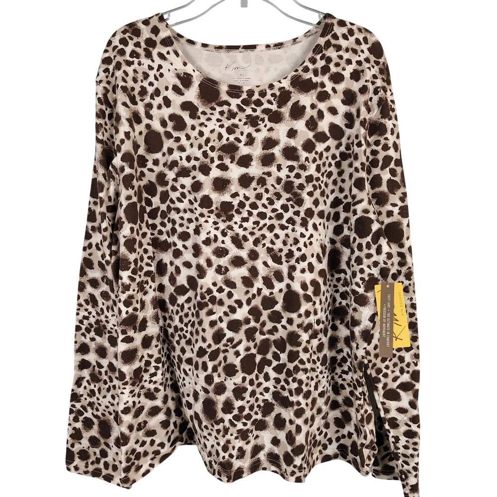 NWT Kim Rogers Womens XL Leopard Print Top Brown Cotton Blend Casual Gorpcore